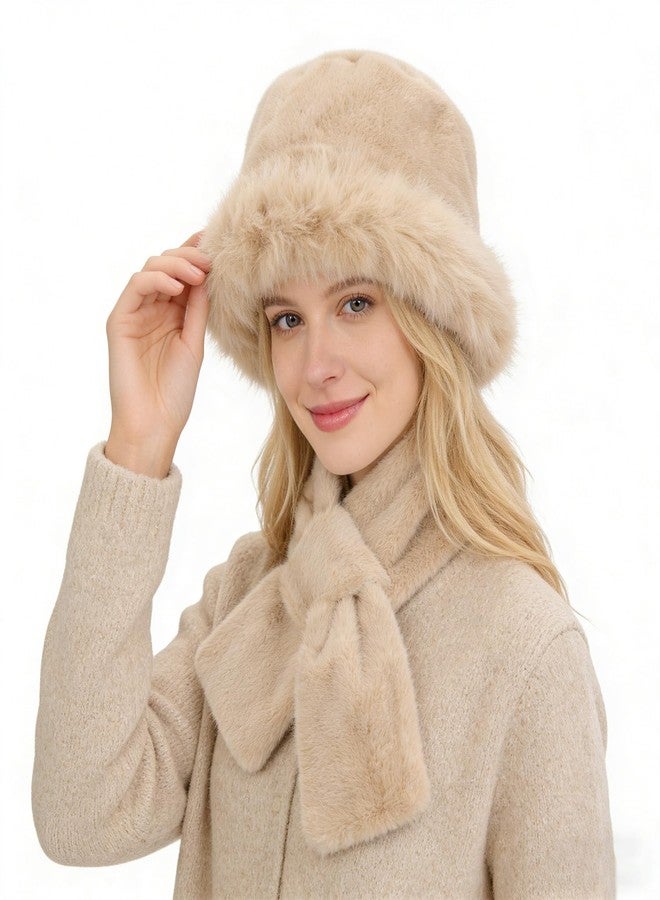 Beeplove Fur Winter Hat with Scarf for Women - Russian Style Fluffy Fuzzy Khaki Bucket Hat Gift for Christmas Girls - Image 1
